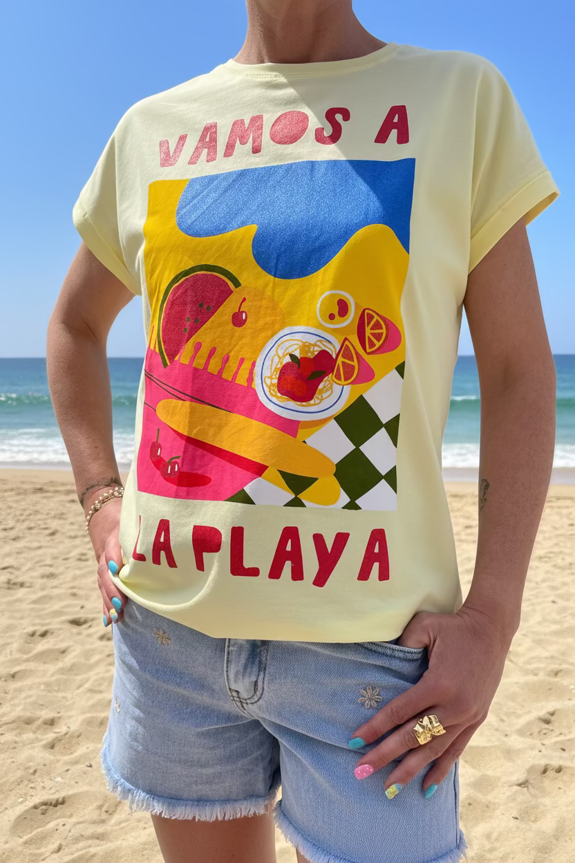 t-shirt jaune femme estival vamos a la plaja 
