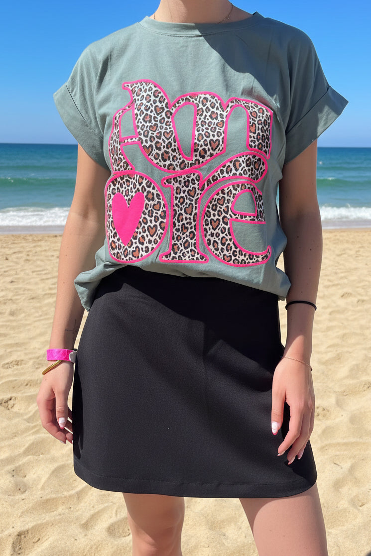 T-shirt Amour Kaki imprimé léopard