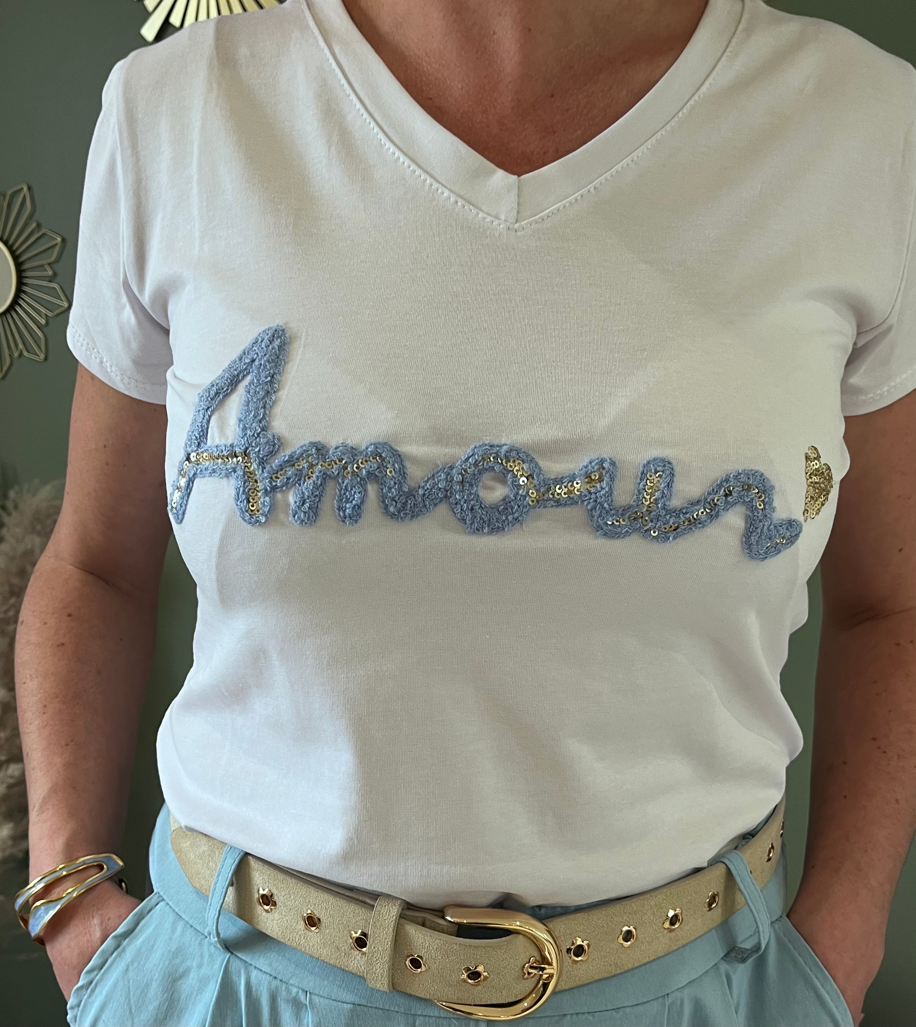 T-shirt blanc Amour Broderie bleue