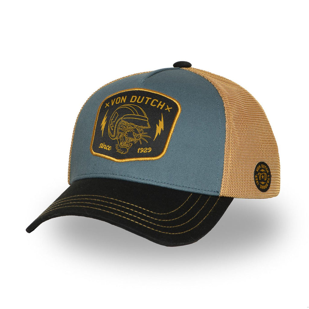 Casquette trucker Von Dutch collection Wild bleu, noir et orange, motif tigre, filet respirant, snapback ajustable