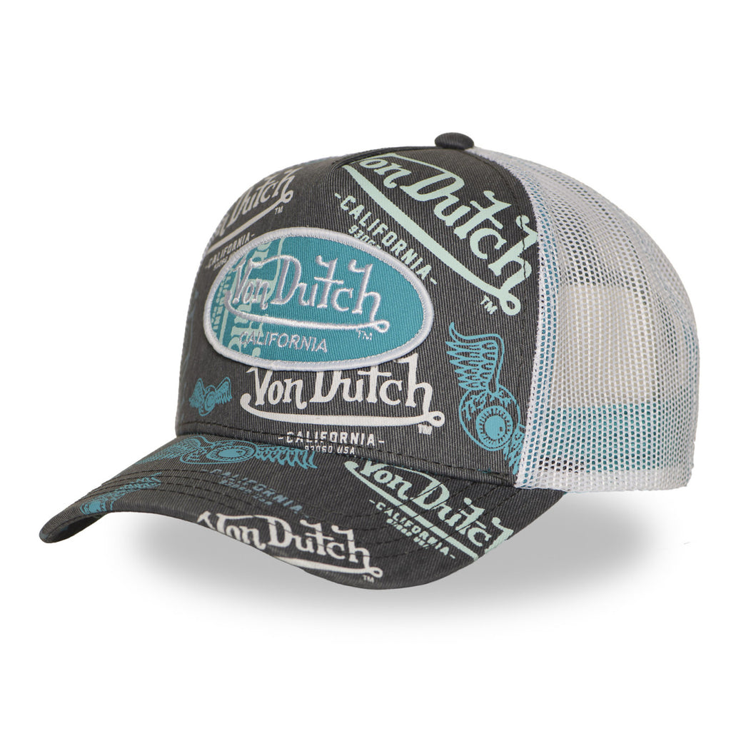 Casquette trucker Von Dutch gris, turquoise, bleu et blanc, logo brodé, filet aéré, snapback ajustable unisexe