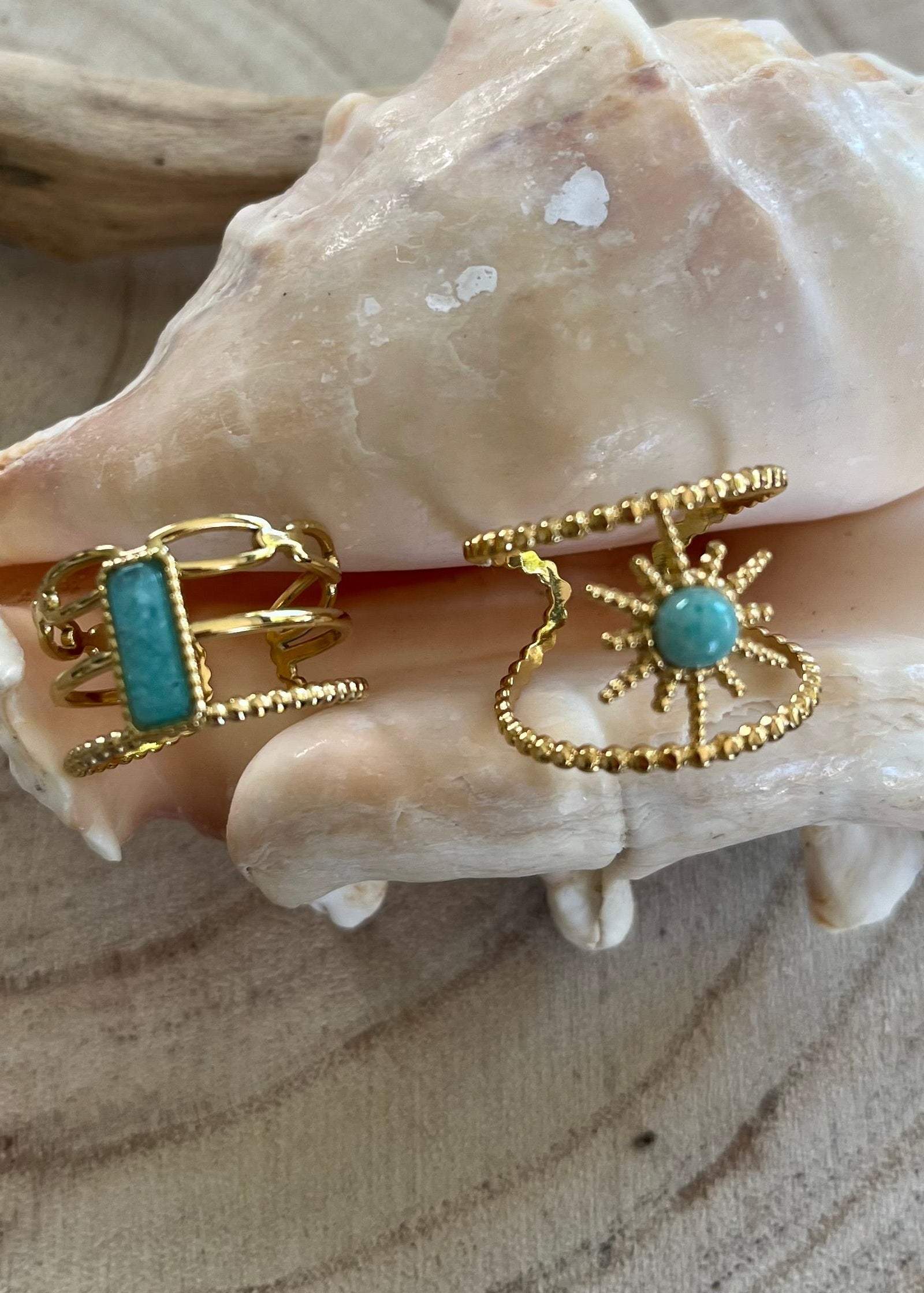 "Bagues  soleil été pierre vertes réglables en acier inoxydable doré avec pierre turquoise - nouvelle collection bijoux femme gurande

