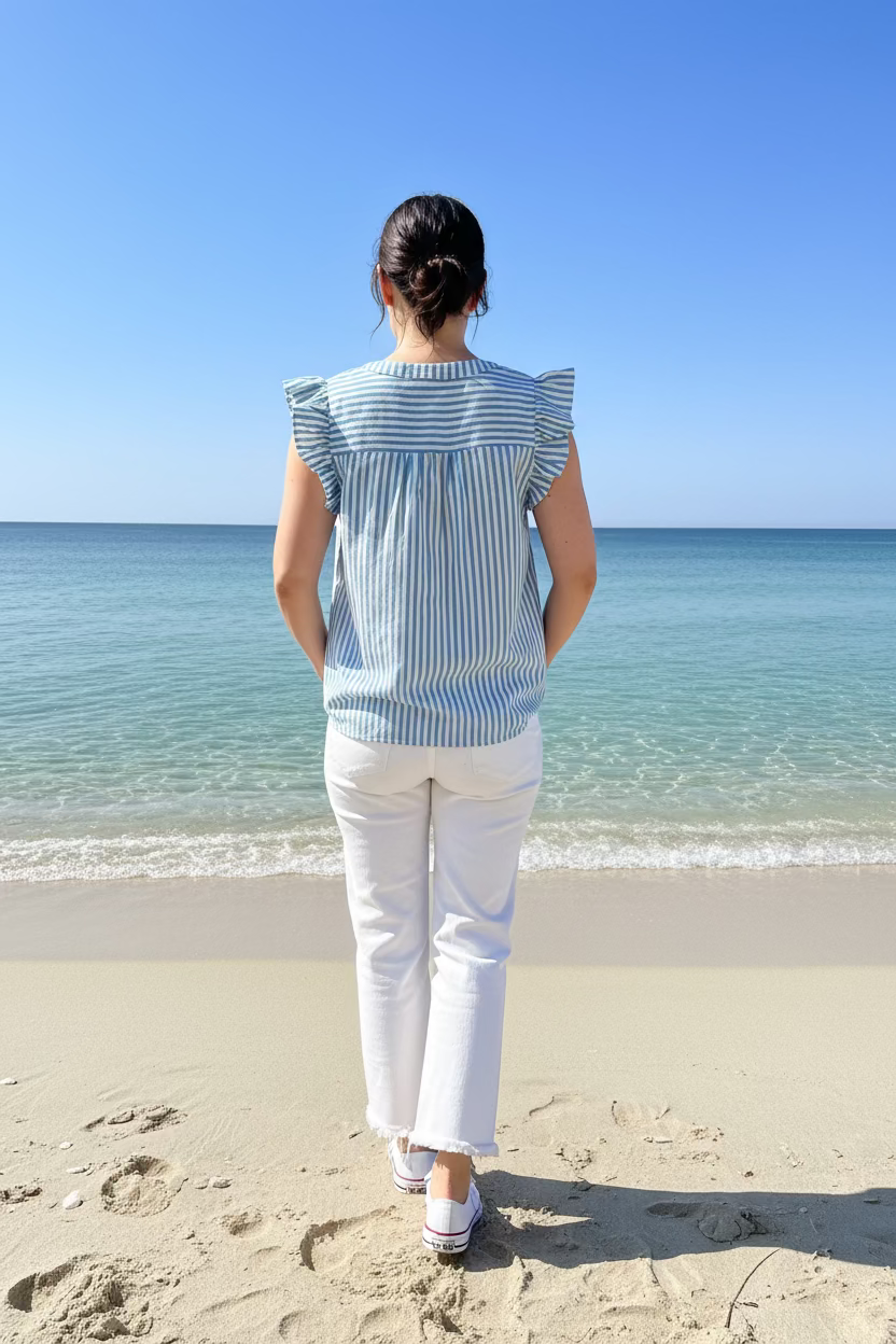  Chemise Sofia – Vue de dos, rayures bleu ciel et blanc, coton léger 100%, coupe droite sans manches pret a porte femme guérande 