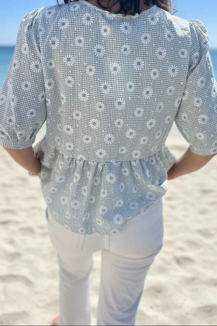 Blouse Verte Motifs Marguerite Femme  - Manches Bouffantes