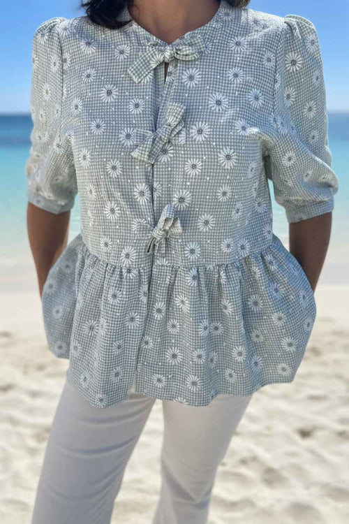Blouse Verte Motifs Marguerite Femme  - Manches Bouffantes