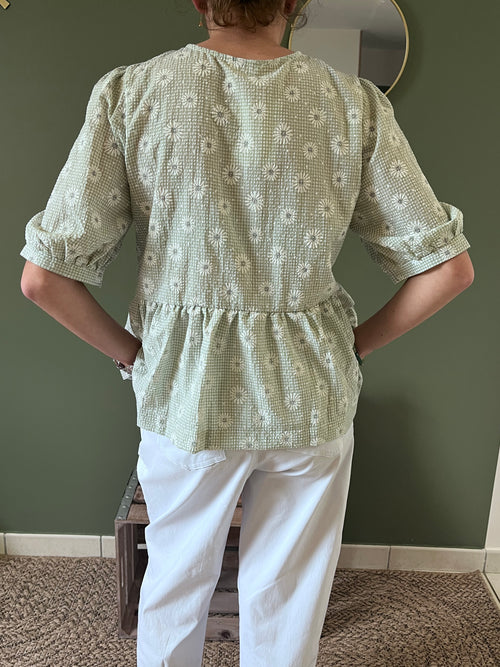 Blouse femme verte marguerite KELIE 100% coton romantique printemps été"