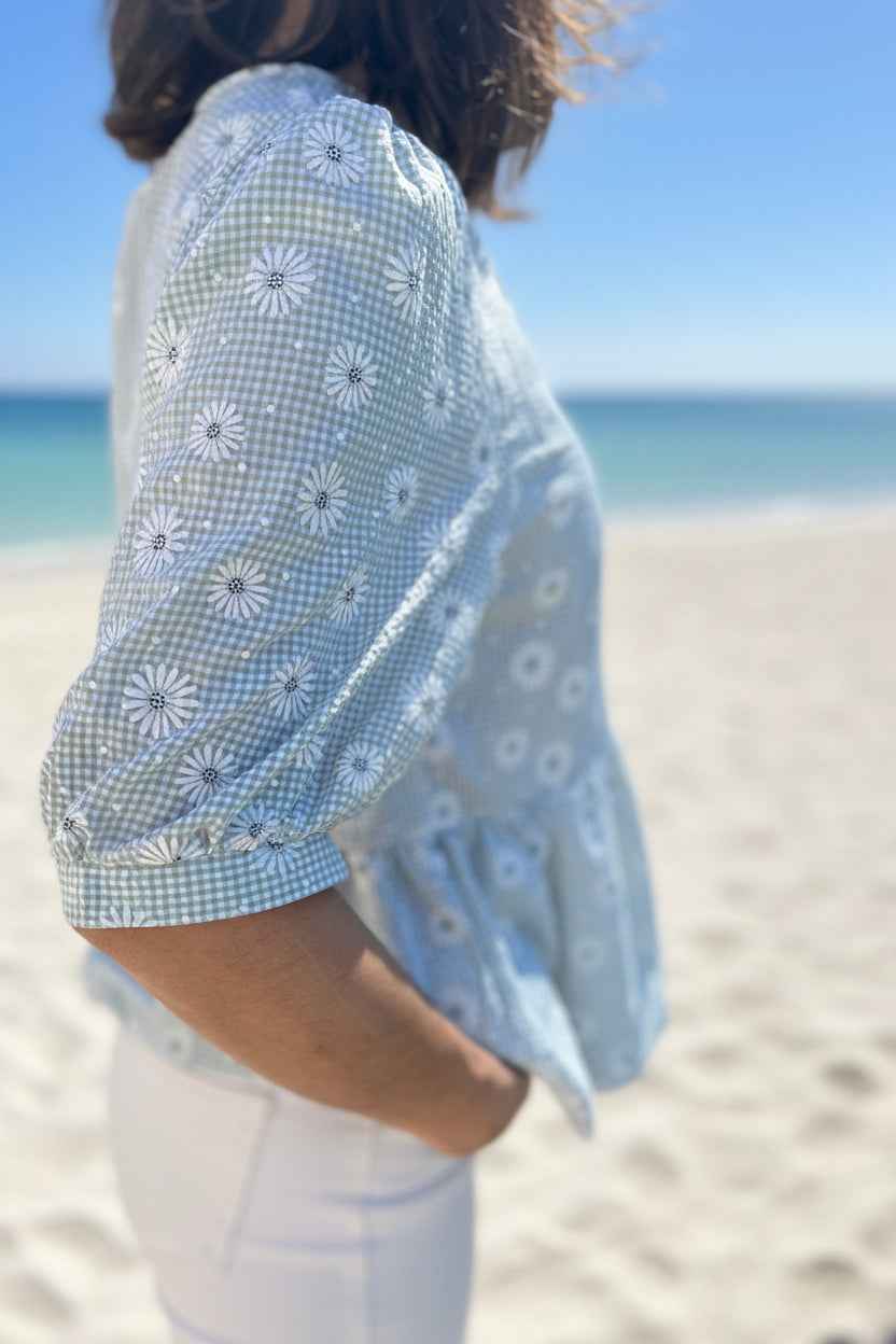Blouse Verte Motifs Marguerite Femme  - Manches Bouffantes