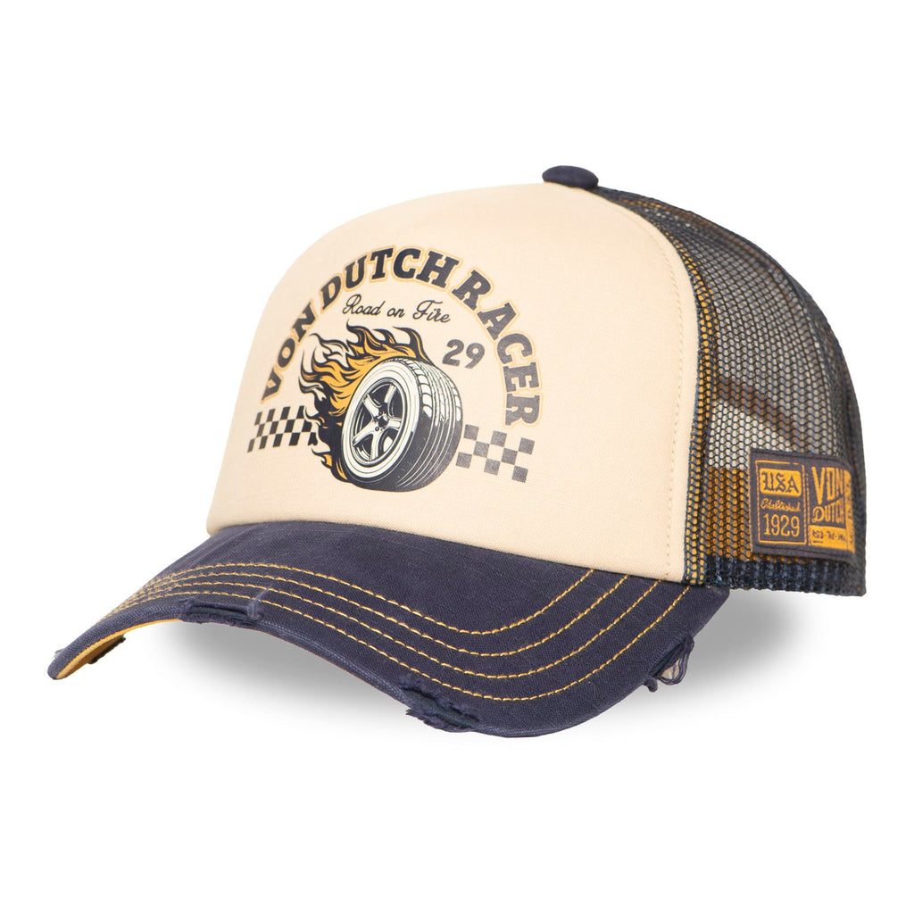 Casquette trucker Von Dutch beige et bleu marine avec imprimé Racer roue en flammes