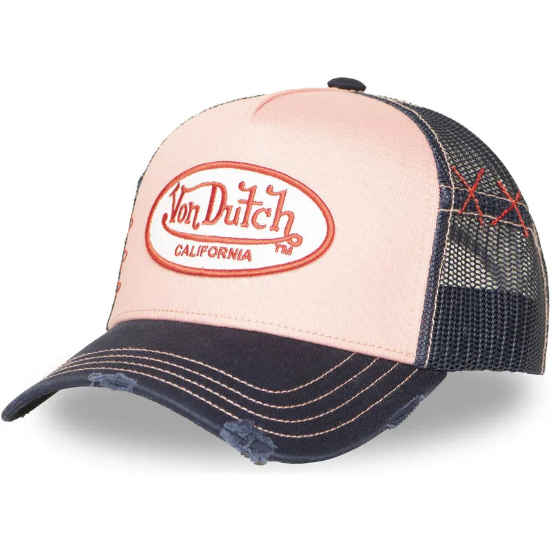 Casquette trucker Von Dutch bleu marine et rose effet usé, logo brodé, snapback ajustable, style casual streetwear