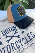 Casquette trucker Von Dutch collection Wild bleu, noir et orange, motif tigre, filet respirant, snapback ajustable