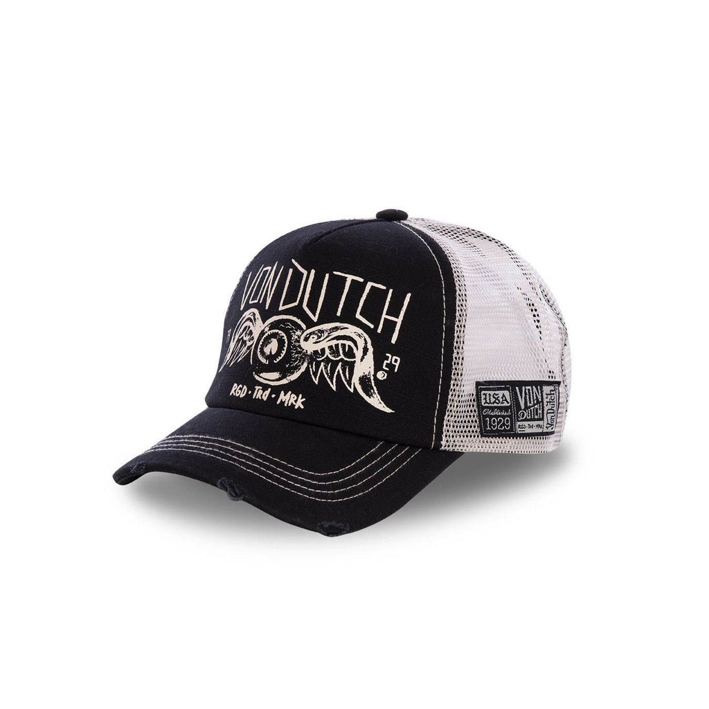 asquette trucker Von Dutch noire et blanche effet usé, logo Flying Eye brodé, snapback ajustable, filet respirant