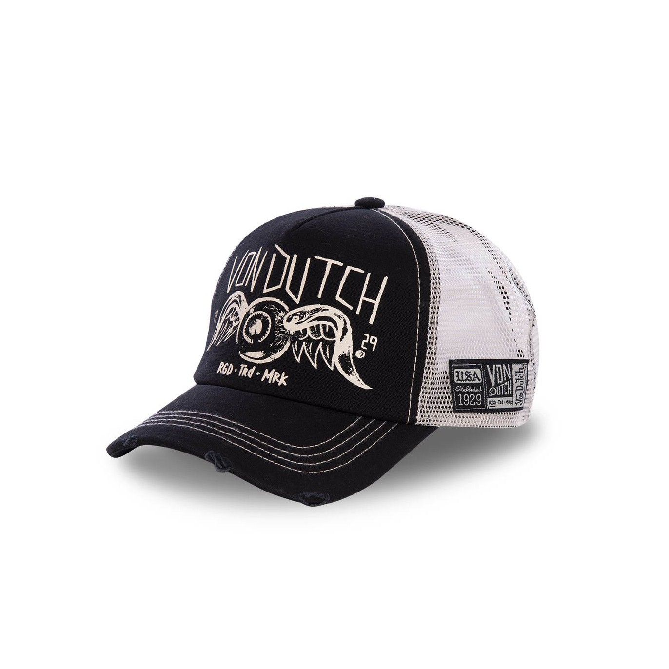 asquette trucker Von Dutch noire et blanche effet usé, logo Flying Eye brodé, snapback ajustable, filet respirant