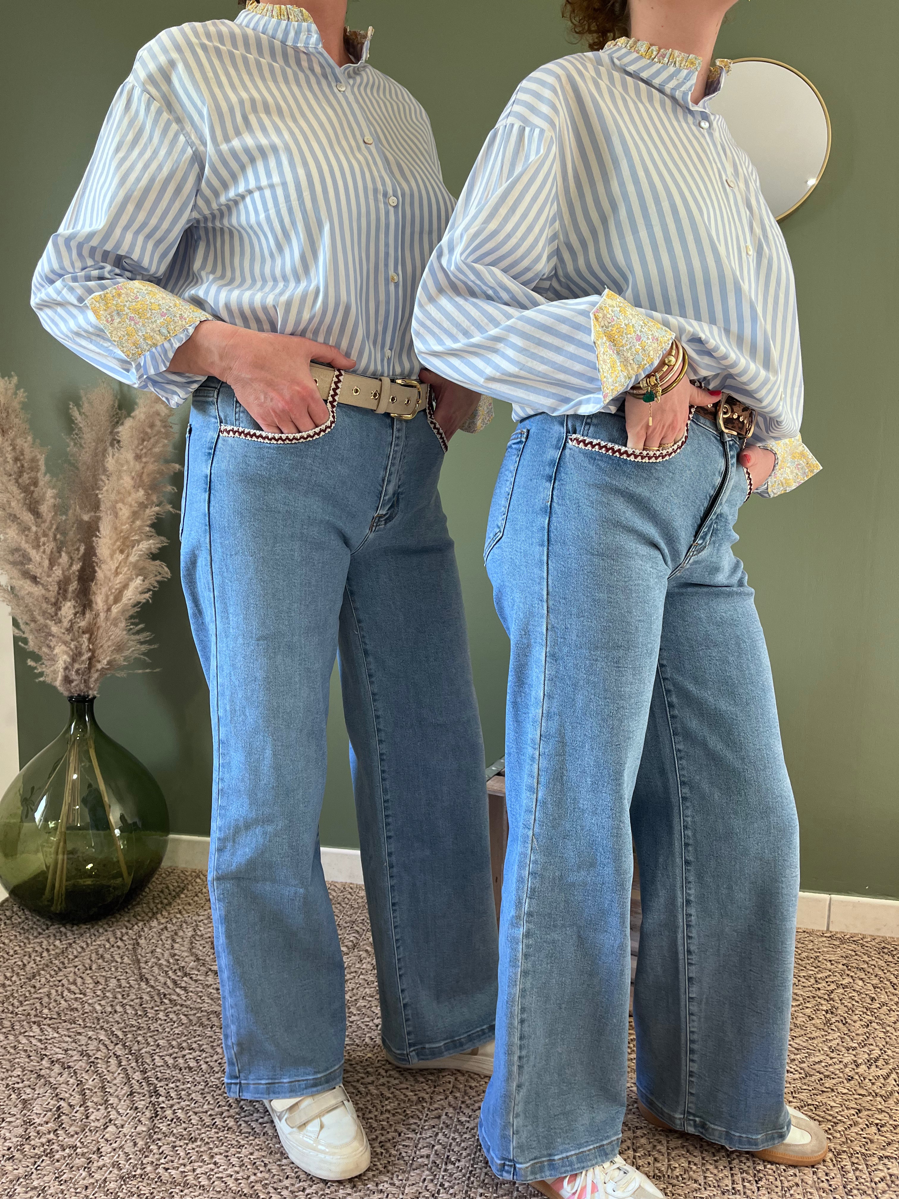 "Chemise femme rayée détails liberty bleu rose coton printemps été 2026"