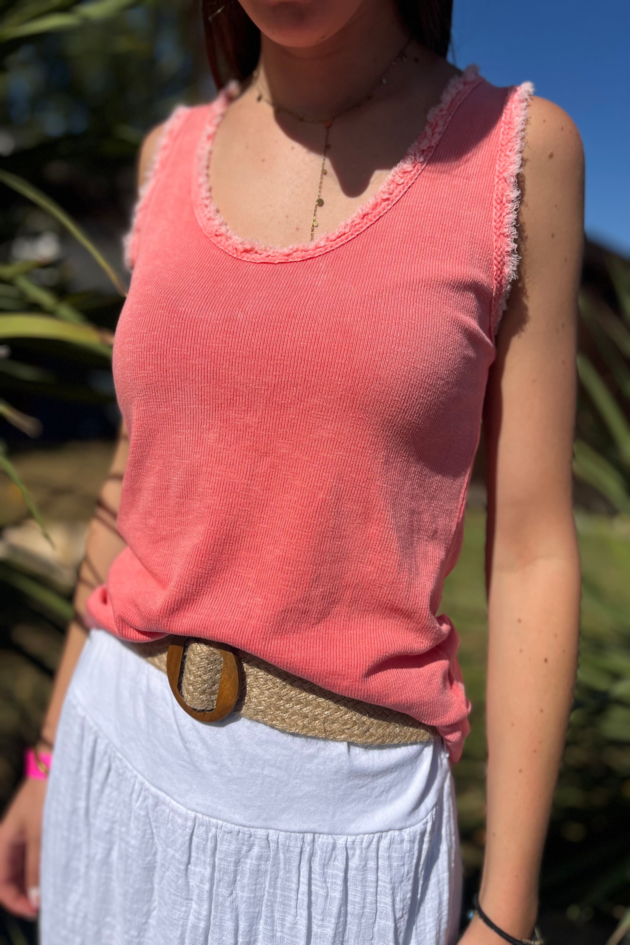 Débardeur côtelé femme finition franges rose corail – Le Style by Laëti