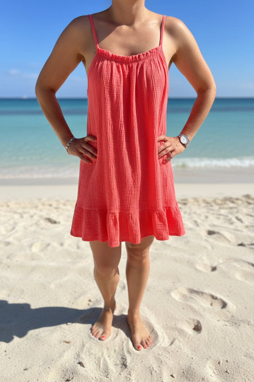 robe-courte-corail-gaze-de-coton-tendance-femme-été -le style by la
Laëti boutique femme guérande la baule st lyphard