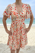 Robe Courte Imprimée Florale – Vue de face, imprimé floral orange graphique, coupe fluide et féminine, viscose légère in april 1986 vetement femme guerande pornichet