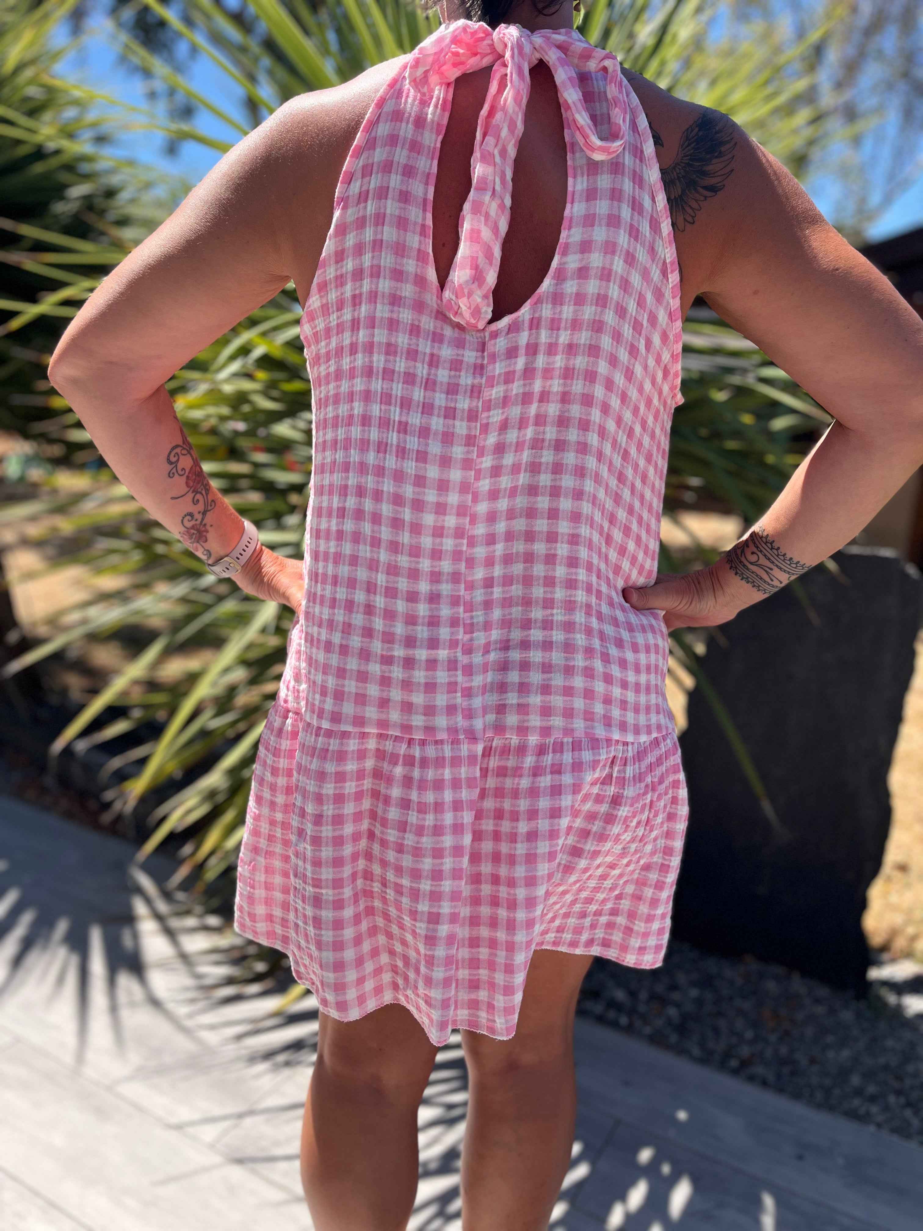 Robe courte vichy jaune col américain en 100% coton, style bohème été look casual chic boutique loire-atlantique