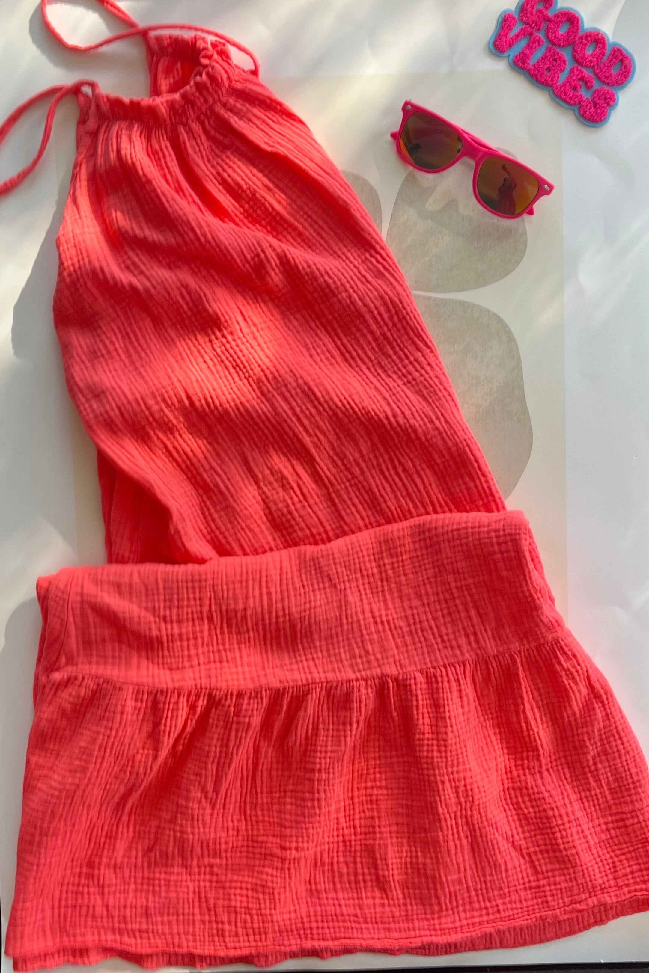 Robe longue en gaze de coton à bretelles col élastique
