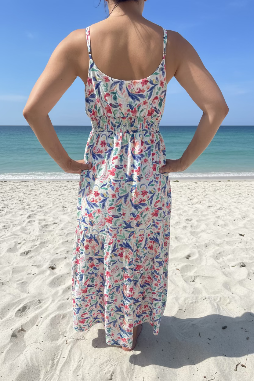 Robe Nério – Détail dos et taille élastique, voile aérien fluide, imprimé floral estival pret a porter femme guérande la baule pornichet in april 1986