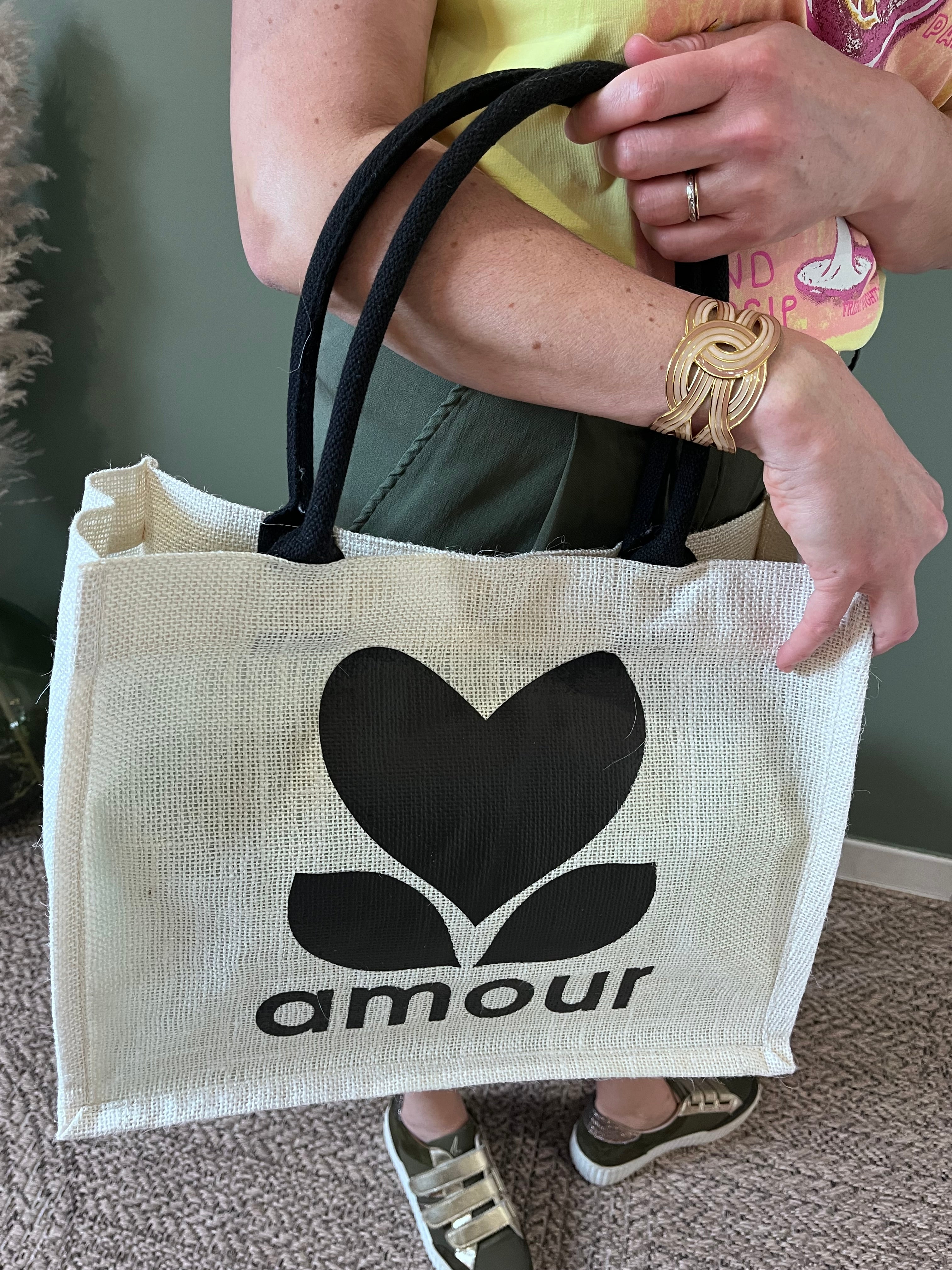 Sac Cabas Jute Amour - Vue Latérale Style Romantique