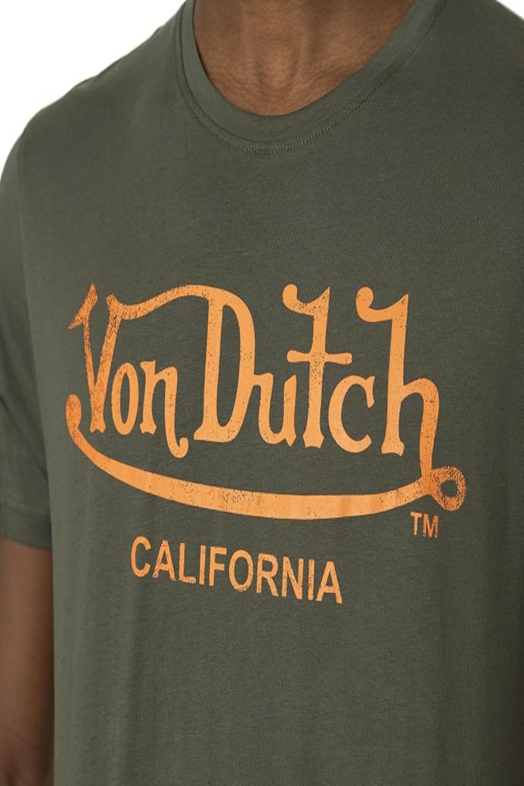 T-shirt kaki homme Von Dutch à col rond et logo orange, coupe regular en coton  vêtement homme guérande- le style by Laêti st lyphard