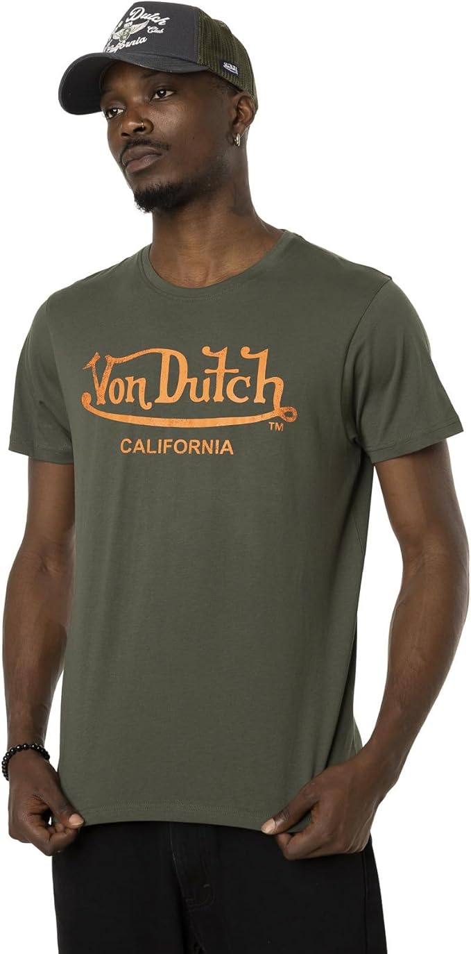 Détail du t-shirt kaki Von Dutch homme avec imprimé orange sur coton boutique homme guérande