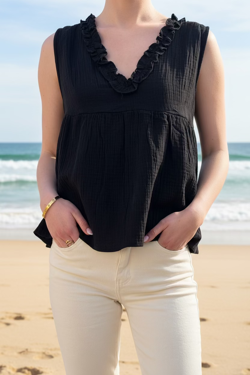 Top noir en gaze de coton femme