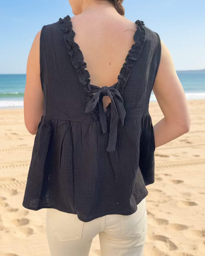 Top noir en gaze de coton femme