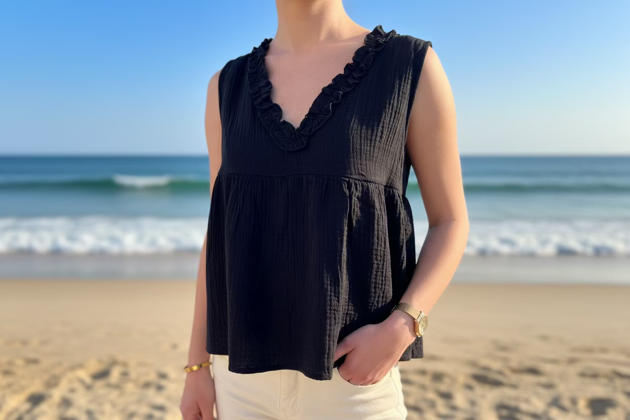 Top noir en gaze de coton femme
